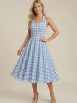 Chic Fitted Blue Plaid Gown With A Line Skirt Perfect For Summer Parties