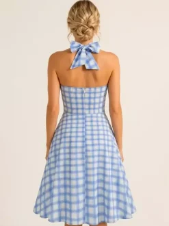 Chic Fitted Blue Plaid Gown With A Line Skirt Perfect For Summer Parties