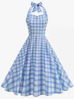 Chic Fitted Blue Plaid Gown With A Line Skirt Perfect For Summer Parties