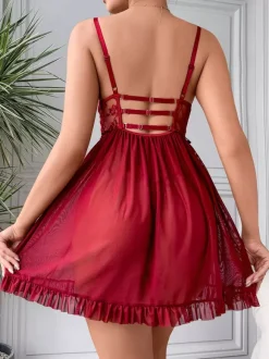 Chic Daily Casual Lace Semi-Sheer Red Babydolls & Chemises