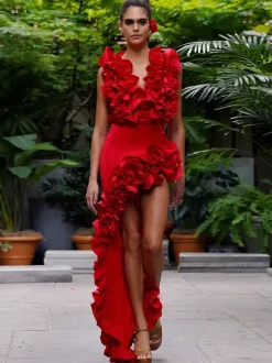 Chic Red Dress Ruffles Sleeveless Backless Asymmetrical Party Mini Dresses