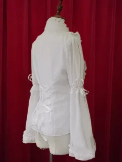 Chiffon Lolita Blouse Long Hime Sleeves Stand Collar Ruffles Lace Up