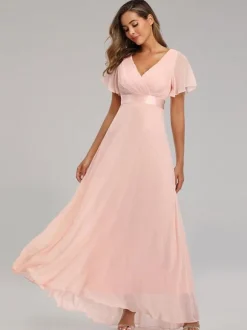 Chiffon Prom Dresses V-Neck Short Sleeves Semi Formal Maxi Dress In Burgundy