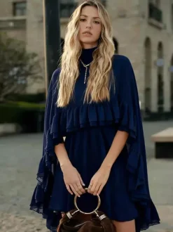 Chiffon Cape Mini Slip Dress For Women - Elegant Ruffle Tiered 2 Piece Set - Spring Wedding Guest Party Cocktail 2026
