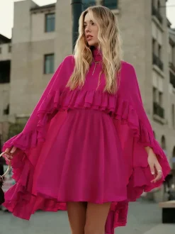 Chiffon Cape Mini Slip Dress For Women - Elegant Ruffle Tiered 2 Piece Set - Spring Wedding Guest Party Cocktail 2026