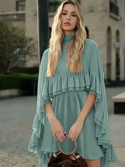 Chiffon Cape Mini Slip Dress For Women - Elegant Ruffle Tiered 2 Piece Set - Spring Wedding Guest Party Cocktail 2026
