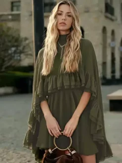 Chiffon Cape Mini Slip Dress For Women - Elegant Ruffle Tiered 2 Piece Set - Spring Wedding Guest Party Cocktail 2026
