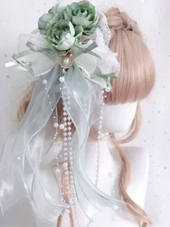 Chinese Style Lolita Accessories Green Pearls Bows Flowers Polyester Fiber Accessory Miscellaneous