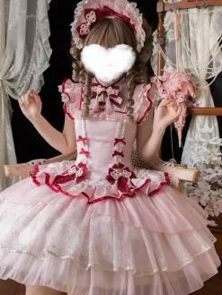 Chinese Style Lolita Dress Pink Sleeveless Jacquard Fringe Sweet Polyester Kawaii Fashion
