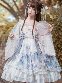 Chinese Style Lolita OP Dress White Polyester Long Sleeves Tassels Traditional Chinese Lolita One Piece Dresses