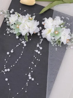 Chinese Style Lolita Accessories Ecru White Flowers Pearls Chains Metal Accessory Miscellaneous