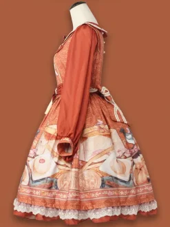 Chinese Style Lolita Dress Fringe Long Sleeves Chiffon Chinese style Floral Print Orange Chinese style Lolita