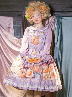 Chinese Style Lolita Dress Fringe Long Sleeves Chiffon Chinese style Floral Print Orange Chinese style Lolita