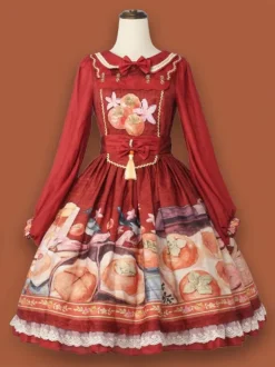 Chinese Style Lolita Dress Fringe Long Sleeves Chiffon Chinese style Floral Print Orange Chinese style Lolita
