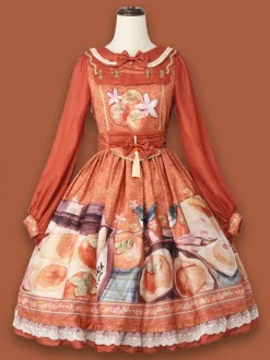 Chinese Style Lolita Dress Fringe Long Sleeves Chiffon Chinese style Floral Print Orange Chinese style Lolita