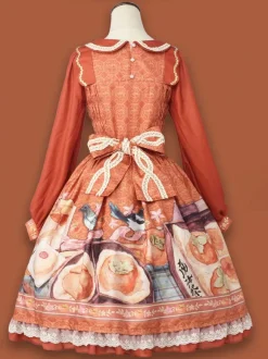 Chinese Style Lolita Dress Fringe Long Sleeves Chiffon Chinese style Floral Print Orange Chinese style Lolita