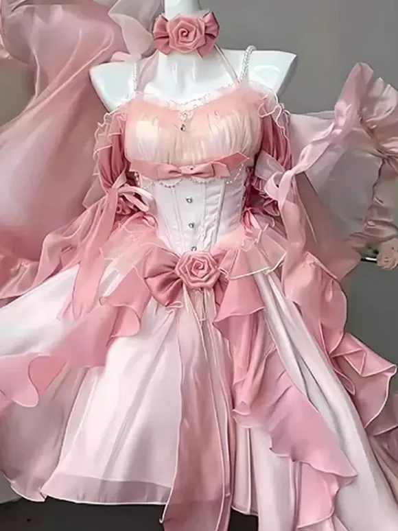 Christmas Gothic Lolita Dresses Bows Red Pink White Sash Halter