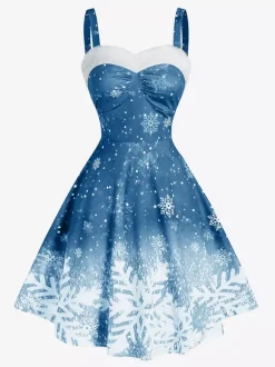 Christmas Ladies Strapless Gradient Snowflake Print Vintage Dress
