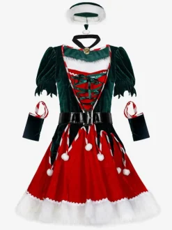 Christmas Red Green Polyester Fiber Short Dress Holidays Costumes Full Set