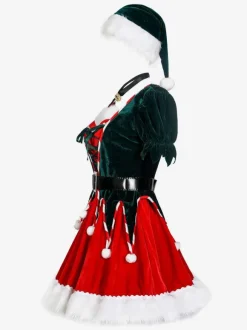 Christmas Red Green Polyester Fiber Short Dress Holidays Costumes Full Set