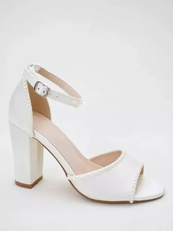 Chunky Heel Wedding Shoes White Pearls Open Toe Bridal Shoes