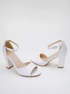 Chunky Heel Wedding Shoes White Pearls Open Toe Bridal Shoes
