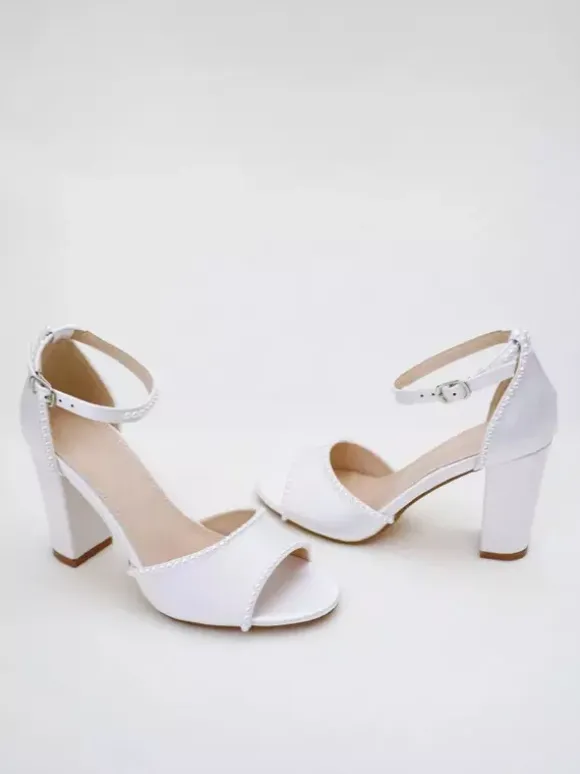 Chunky Heel Wedding Shoes White Pearls Open Toe Bridal Shoes