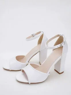 Chunky Heel Wedding Shoes White Pearls Open Toe Bridal Shoes