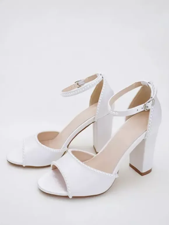 Chunky Heel Wedding Shoes White Pearls Open Toe Bridal Shoes