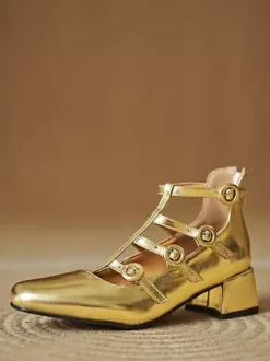 Chunky Heel Pumps Square Toe Strappy Mid Heel Vintage Shoes