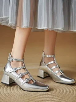 Chunky Heel Pumps Square Toe Strappy Mid Heel Vintage Shoes