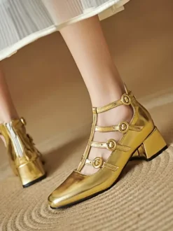 Chunky Heel Pumps Square Toe Strappy Mid Heel Vintage Shoes