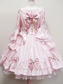 Classic Lolita Dress OP Alice Black Hime Long Sleeve Lace Ruffled Bow Button Lolita One Piece Dress With Red Flowers