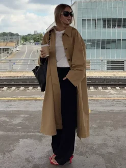Classic Long Trench Coat For Women - Khaki Minimalist Single-Breasted Relaxed Fit Dust Coat - Spring Office-to-dinner Outerwear 2026