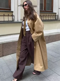 Classic Long Trench Coat For Women - Khaki Minimalist Single-Breasted Relaxed Fit Dust Coat - Spring Office-to-dinner Outerwear 2026