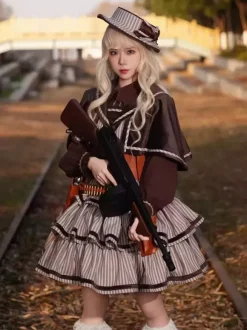 Classica Lolita Dress Polyester Ruffles Sleeveless Lolita Dresses Stripes Deep Brown JSK