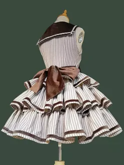 Classica Lolita Dress Polyester Ruffles Sleeveless Lolita Dresses Stripes Deep Brown JSK