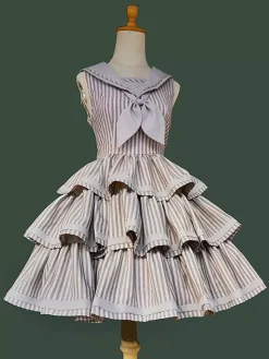 Classica Lolita Dress Polyester Ruffles Sleeveless Lolita Dresses Stripes Deep Brown JSK