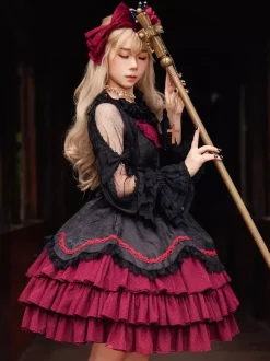 Classical Gothic Lolita Dress Bows Sleeveless Color Block Burgundy Jumper Dresses