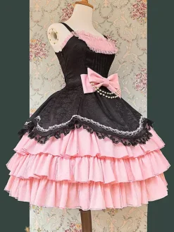 Classical Gothic Lolita Dress Bows Sleeveless Color Block Burgundy Jumper Dresses