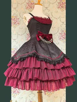 Classical Gothic Lolita Dress Bows Sleeveless Color Block Burgundy Jumper Dresses