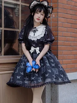 Classical Lolita Dress Polyester Short Sleeves butterfly Pattern Lolita Dresses Gothic Black