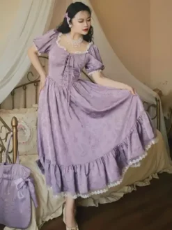 Classical Lolita Dress Polyester Short Sleeves Jacquard Lolita Dresses Classic Purple