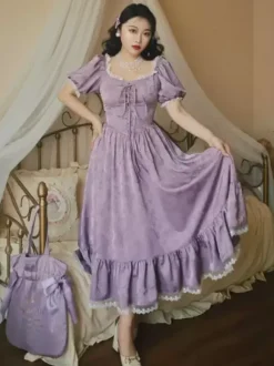 Classical Lolita Dress Polyester Short Sleeves Jacquard Lolita Dresses Classic Purple