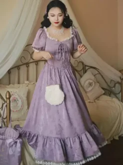 Classical Lolita Dress Polyester Short Sleeves Jacquard Lolita Dresses Classic Purple