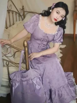 Classical Lolita Dress Polyester Short Sleeves Jacquard Lolita Dresses Classic Purple