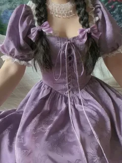 Classical Lolita Dress Polyester Short Sleeves Jacquard Lolita Dresses Classic Purple