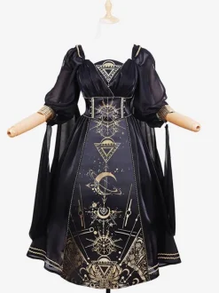 Classical Lolita Dress Polyester Long Sleeves Lolita Dresses Black Gold