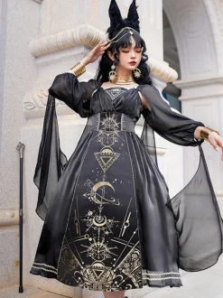 Classical Lolita Dress Polyester Long Sleeves Lolita Dresses Black Gold
