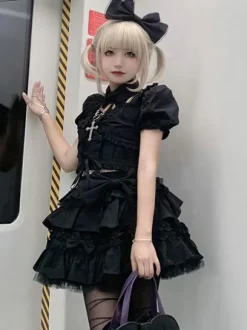 Classical Lolita Dress Polyester Short Sleeves Lolita Dresses Classic Black